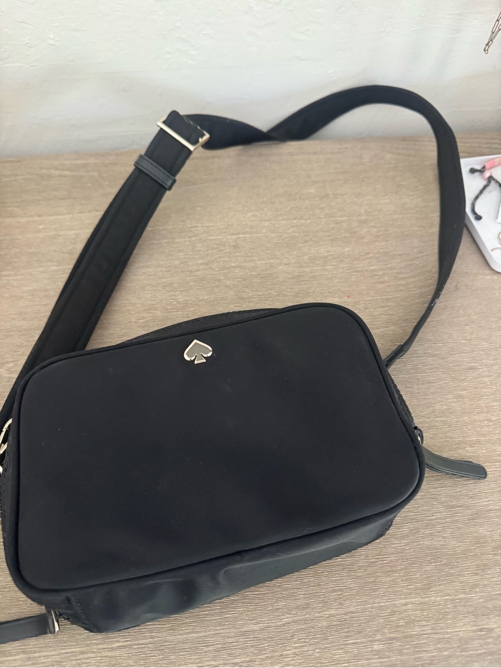 kate spade black crossbody camera-style bag with gold spade